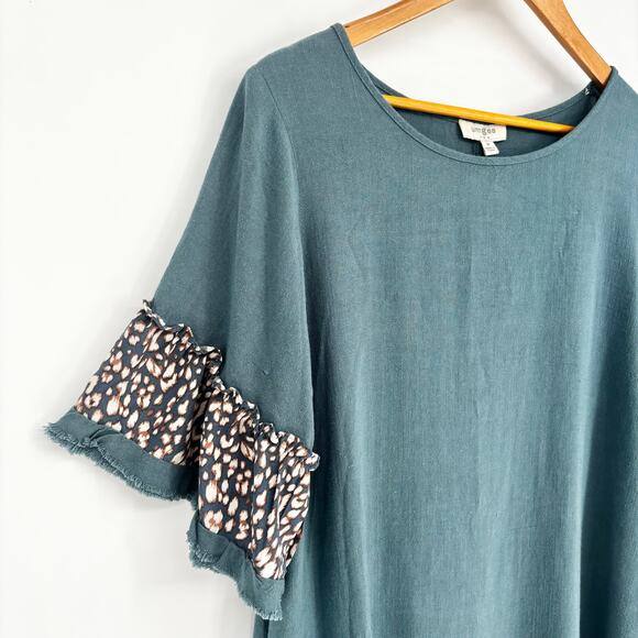 Umgee Blue Linen Blend Oversized Ruffle Dress Size M - Picture 2 of 6